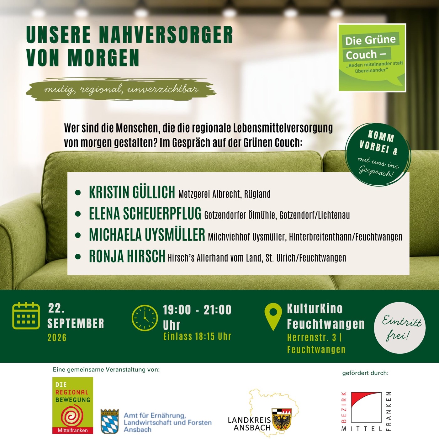 Veranstaltungsplakat Unsere Nahversorger von morgen – Grüne Couch am 22. September 2026 im KulturKino Feuchtwangen